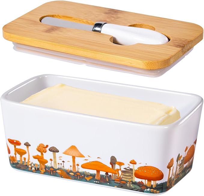 Mushroom Butter Dish with Lid,Large Butter Crock Keeper Saver,Ceramic Butter Container for Countertop with Highly Sealed Silicone Thick Wooden Lid for Kitchen Farmhouse Decor (White, Mushroom)