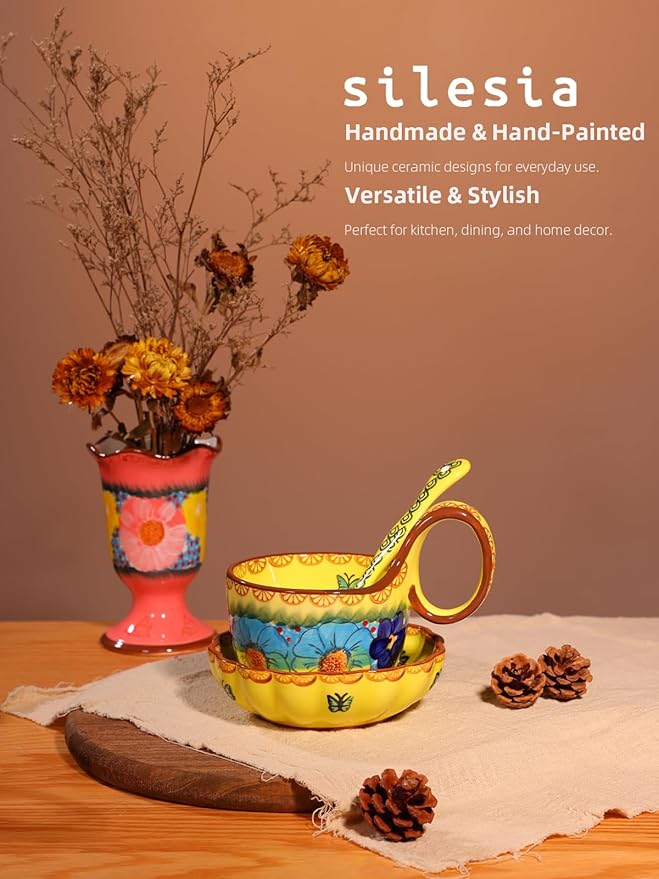 silesia Handmade Loop Handle Soup Bowl, Plate and Spoon Set Ceramic Hand Painted Cereal Bowl Great for Soup, Ice cream, Snack, Stew in Gift Box, Dishwasher & Microwave Safe, Glazed Yellow
