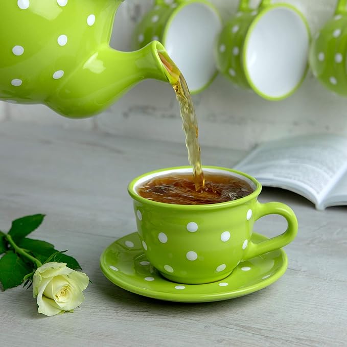 City to Cottage Handmade Lime Green and White Polka Dot Large Ceramic 12oz/350ml Cappuccino Coffee Tea Cup and Saucer, Unique Designer Pottery for Tea Lovers