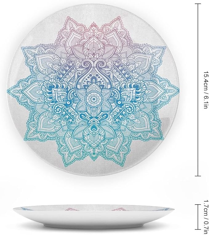 7 Inch Decorative Plate, Lotus Dinner Plate, Bohemian Tattoo Zen Pastel Toned Mandala Abstract Lotus Print Ceramic Wall Hanging for Fine Dining Upscale Events, Dinner Parties, Weddings, Catering
