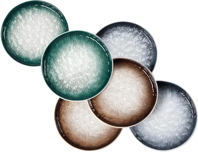 Eglaf 6'' Ceramic Small Appetizer Plates - Porcelain Gradient Water Wave Embossed Texture - Dessert Plates for Tea Party, Cake, Ice cream, Waffles, Apple Pie, Snacks (Set of 6-3 Colors Mix)