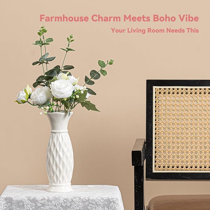 White Ceramic Vase with Diamond Texture - 8.3" Unique Flower Vase for Pampas Grass & Centerpieces, Decorative Boho/Farmhouse Vase for Living Room, Office Desk & Gift for Her/Yourself