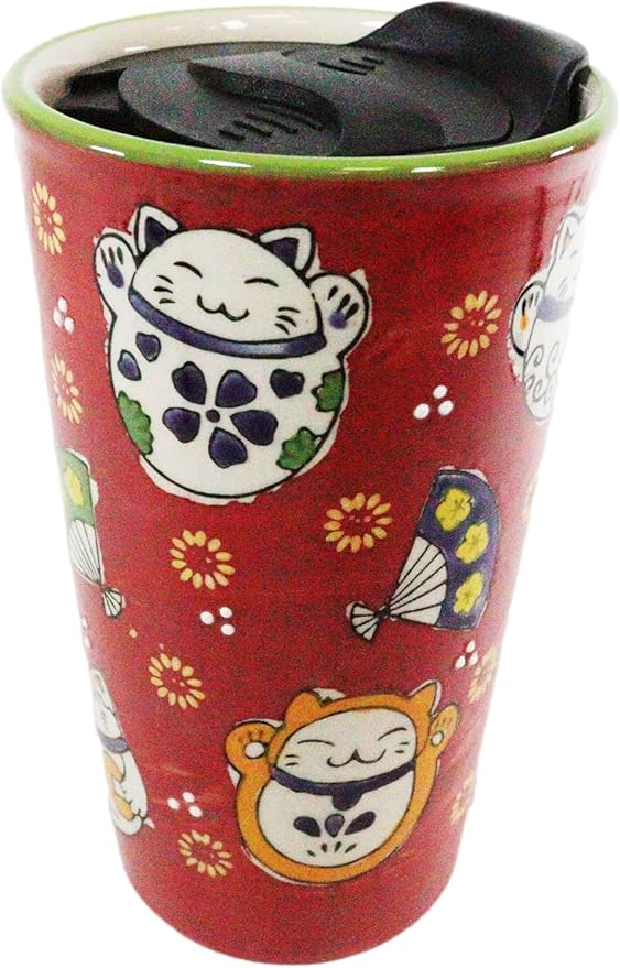 Ebros Oriental Japanese Design Double Walled Porcelain Ceramic Tall Hot Or Cold Drink Travel Mug Cup 12oz With Straw Or Sip Holed Cover Lid (Red Maneki Neko Lucky Cats)