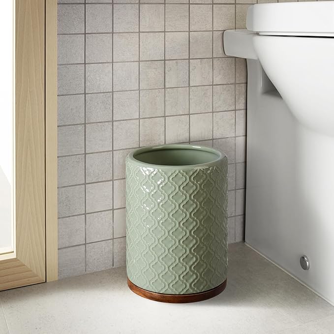 Elegant 6 PCS Ceramic&Wood Bathroom Accessories Set:Soap Dispenser,Toothbrush Holder,Tumbler,Soap Dish,Tray,Trash Can,Easy to Clean,Quatrefoil Pattern,Green-Affordable Home Luxury