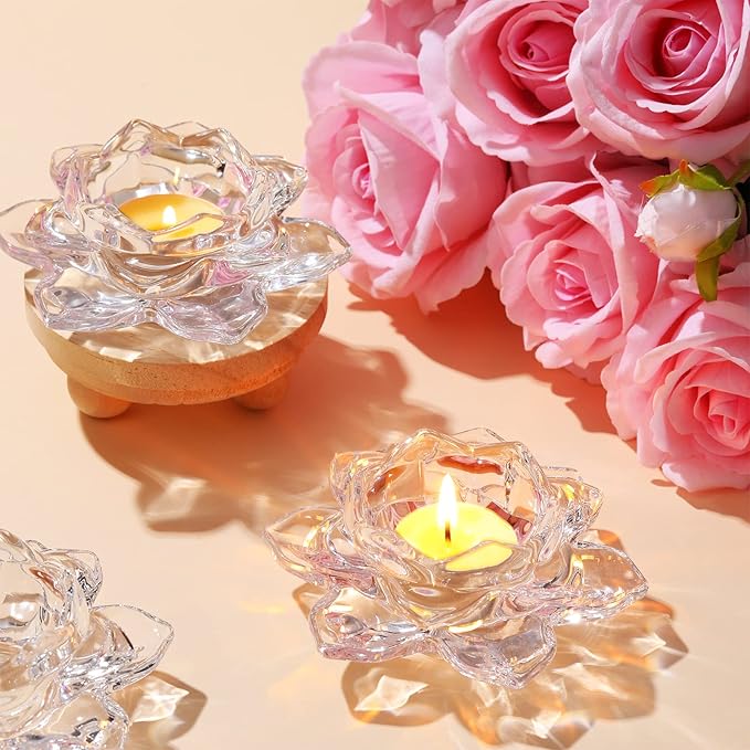 meekoo 24 Pcs Crystal Glass Lotus Candle Holders Lotus Crystal Tealight Candle Holders for Christmas Home Decor Wedding Party