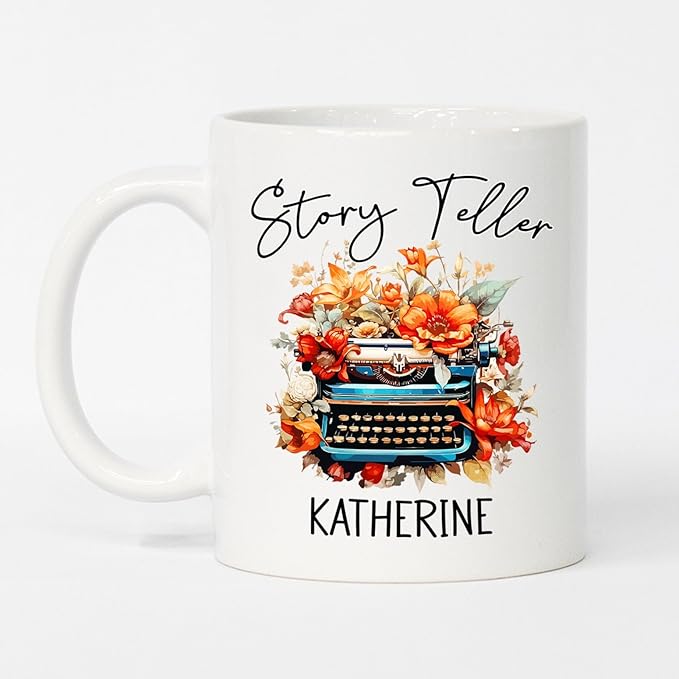 Personalized Writer Ceramic Coffee Mug, Story Teller White Teacup 11 Oz 15 Oz, Customized Name Writer Coffee Cup, Storyteller Mug Gifts for Author Novelist Journalist Writer, Awesome Typewriter Cup