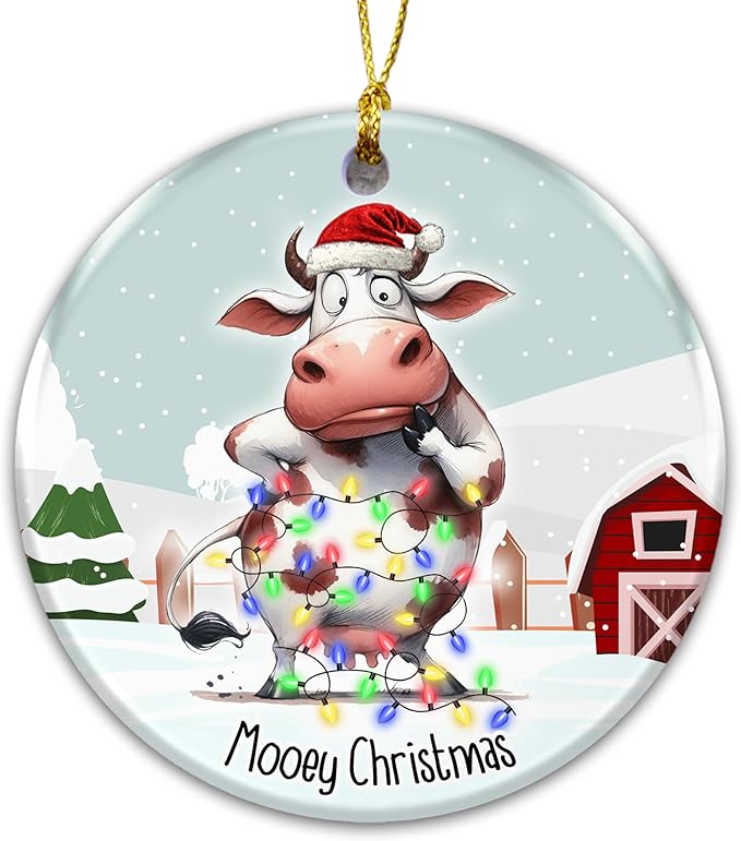 Cow Ornament 2025, Mooey Christmas – Funny Farmhouse Christmas Tree Decoration, Cute Cow Tangled in Lights, Rustic Barn Winter Scene, Ceramic Holiday Ornament for Cow Lovers, Farmers