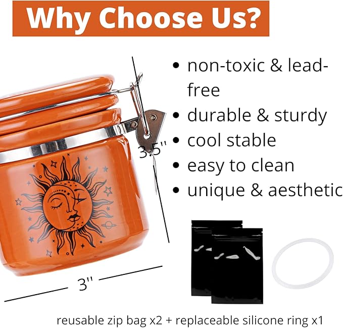 Sun Moon Stash Container Half Oz (250ml), Ceramic Cute Stash Jar Containers w/Clamp Lid, Mystical Celestial Aesthetic Decorative Jar Storage - Double Sealed Airtight Herbs Fresh Jar -Orange