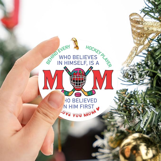 Ice Hockey Mom Ornament -Round Ceramic 3", Holiday Christmas Tree Decoration Keepsake, Hockey Mom from Son Daughter