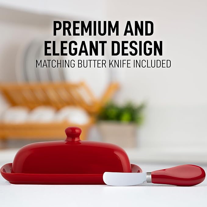 Zulay Kitchen Butter Dish With Lid For Countertop - Porcelain Red, Ceramic Butter Dish with Knob Handle Great for Cooking - Elegant Design Butter Holder - Durable & Sturdy Butter Keeper - Red