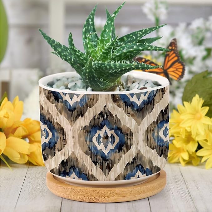 DreamAutumn Indigo Ikat Abstract Blue Ceramic Pots for Plants with Drainage Holes Round Flower Pot Bamboo Tray Orchid Pot Succulents Pots for Outdoor Indoor Plants,Housewarming Gifts