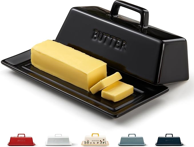 Butter Dish with Lid for Countertop, by Kook, Ceramic Dish Tray with Cover, Kitchen Keeper, Container, Holder (Black)