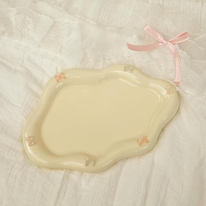 Jewelry Dish Trinket Tray for Women, Ring Dish Holder, Unique Cloud Shape Ceramic Plate Cute Things Vanity Aesthetic Room Decor Mother's Day Birthday (Bow Cream)