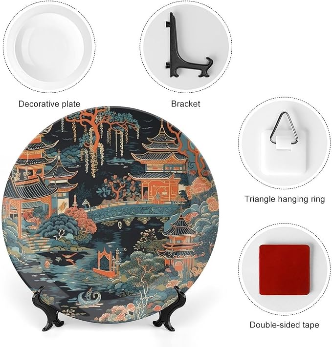 Chinoiserie Charcoal Coral Pagoda Asian Fashion Plates, Asian Scenic Pagoda Design Collector Plates for Display Wedding Office Decor, with Display Stand And Hook Up Art Decorations for Club Household