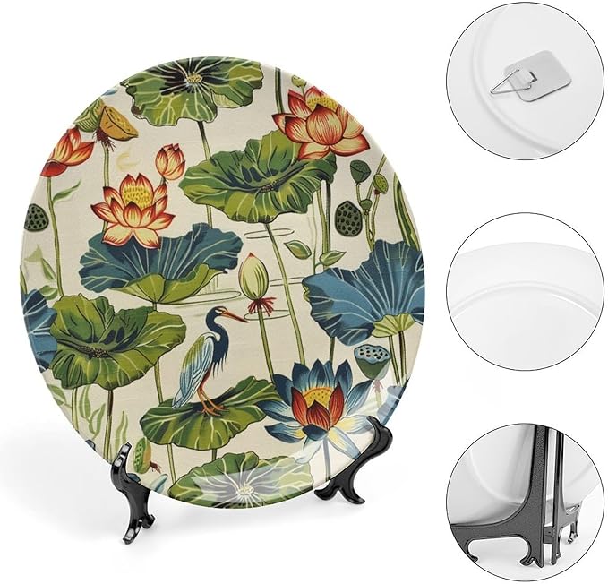 Birds And Lotus Flowers Plates Ceramic for Display Kitchen Art Decoration Supplies Wall Club Holiday Party Decorations Customize Gifts for Men Women Birthday, 6", 7", 9", 10"