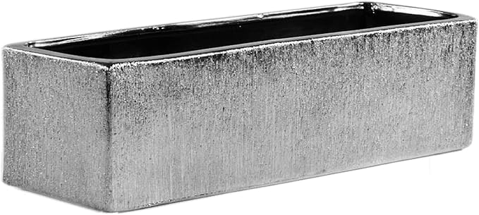 WGVI Long Rectangle Ceramic Planter Vase in Silver Etched 14" x 4" x 4"H, Rectangular Box Block Terrarium Pot, Flower Arrangement, Tabletop Centerpiece, Home Decor Organization Container, 4 Pcs.