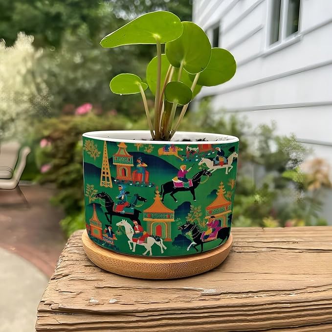 Bright Emerald Green Ceramic Planters Chinoiserie Decor Planters for Outdoor Plants with Drainage Holes and Saucers Pot for Indoor Outdoor Garden