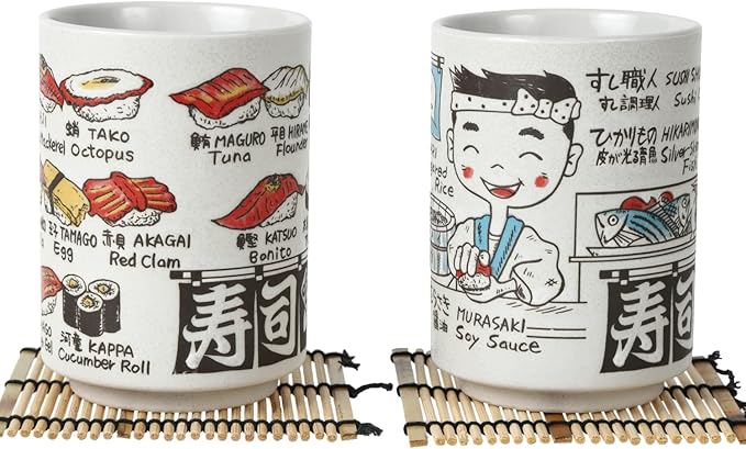 Japanese Tea Cups Sushi-Yunomi Mino Ware With Bamboo Coaster (Set of 2) (Sushi Chef)