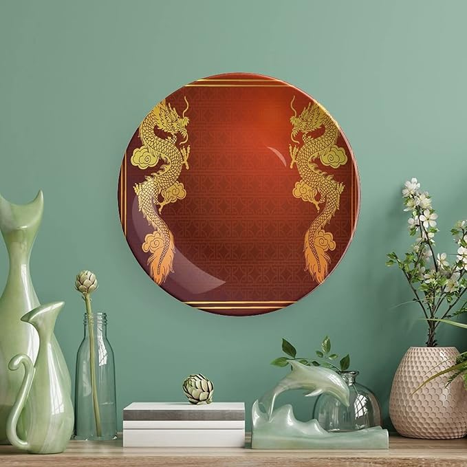 10 Inch Decorative Plate, Dragon Tableware Plate, Chinese Historical Asian Eastern Motif Legendary Creature Print Ceramic Wall Hanging for Fine Dining For Upscale Events, Dinner Parties, Weddings