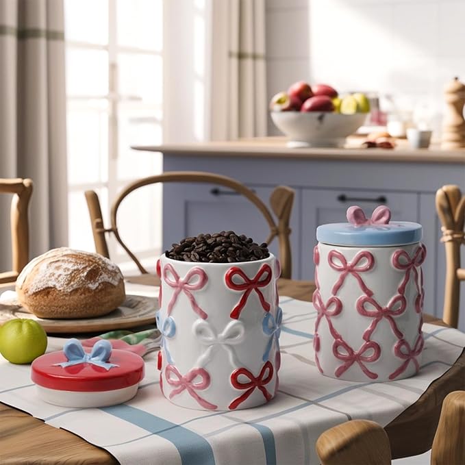 Cookie Jars with Lid Airtight, 42 OZ Large Ceramic Food Storage Containers, Red Bow Kitchen Canisters for Countertop, Suitable for Home Decor of Coffee, Sugar, Tea, Flour, Dog Treat (7.5 In)