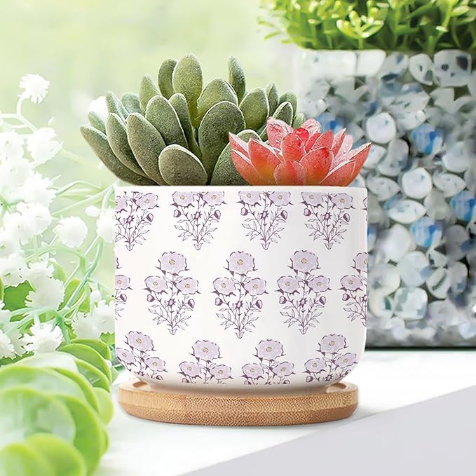 Set of 2 Watercolor Chinoiserie Floral Small Ceramics Pots for Plants Light Purple Flower Ceramics Plant Pot with Drainage and Bamboo Tray Chinoiserie Style Cactus Planter for Indoor