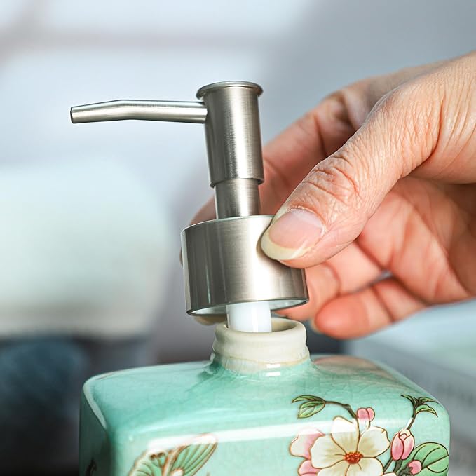 Ceramic Soap Dispenser, Lotion Bottle, Soap Bottle with Removable Pump, Flower Pattern Dispenser for Kitchen Soap, Bathroom Soap, Lotion and Essential Oil-Cyan-13 OZ