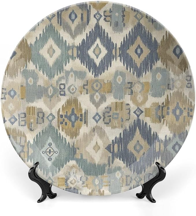 Custom Gifts Fashion Plates, Thibaut Boho Ikat in Navy Blue Wall Hanging Decorative Plate Wedding Including Bracket And Special Hook, Rust Decor for Farmhouse Office Club, 6", 7", 8", 10"