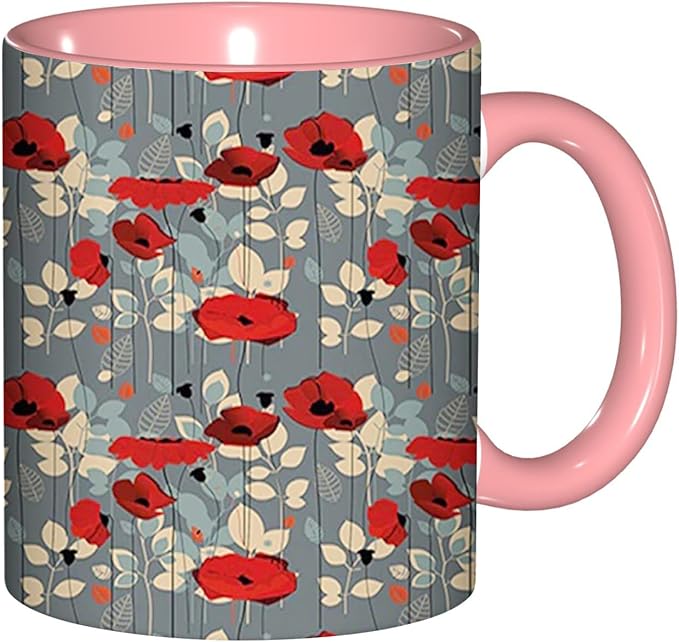 Poppy Flower,Funny Novelty Ceramic Coffee Cups With Handle,Floral Garden Leaves Modern Nature Tea Cup for Office and Home, 11 Oz,Dishwasher Microwave Safe (Pink)