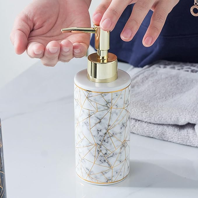 Bathroom Soap Dispenser Ceramic with Marble Pattern & Gold Thread Decoration - Refillable Liquid Soap Bottle for Bathroom, Dish Soap Dispenser for Kitchen (10oz, White)