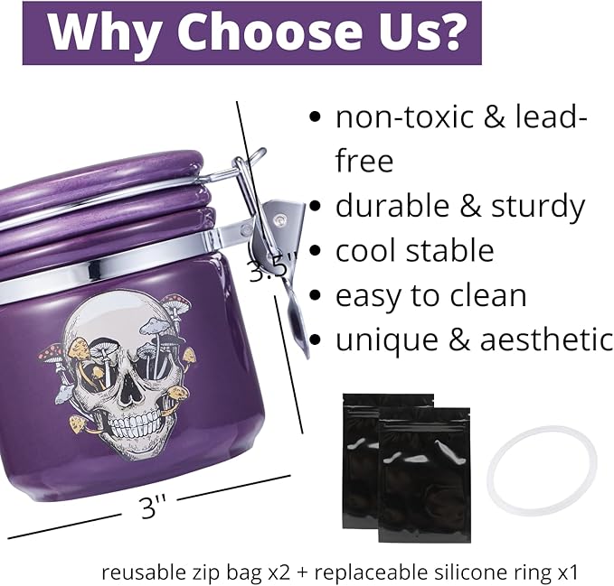 Mushroom Skull Stash Jar Half Oz (250ml), Odor Smell Proof Jar Airtight Container Keep Herbs Fresh Storage, Mushroom Skull Bowl Bottle Holder - Goth Skull Decor Gothic Mushroom Skull Gifts - Purple