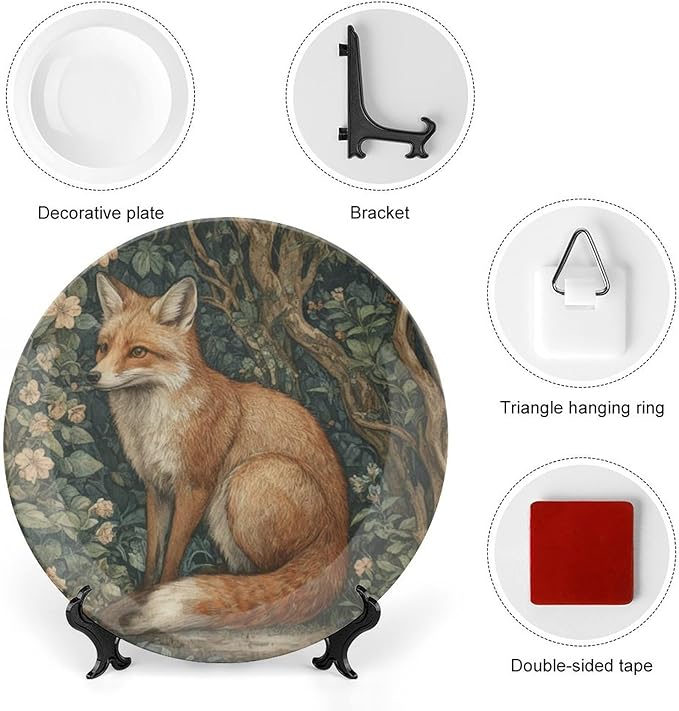 William Morris Style Forest Fox China Plates for Display Fox in Forest Garden Floral Wall Housewarming Gifts Supplies Home Festival Holiday Party Decorations Personalized Gifts Christmas