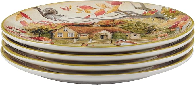 Woodland Critters 11" Ceramic Dinner Plates Set of 4 Whimsical Forest Animal and Cottage Scene – Nature-Inspired Tableware for Fall, Kids Parties, Holiday Meals, Gifting, and Rustic Décor (Pack of 3)