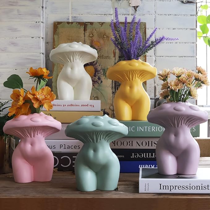 GUGUGO Mushroom Female Body Vase for Decor,Quirky Unique Cute and Funny Boho Decor for Home and Bathroom,Mushroom Butt Vase for Flower,Modern Home Aesthetics for Decorating, White