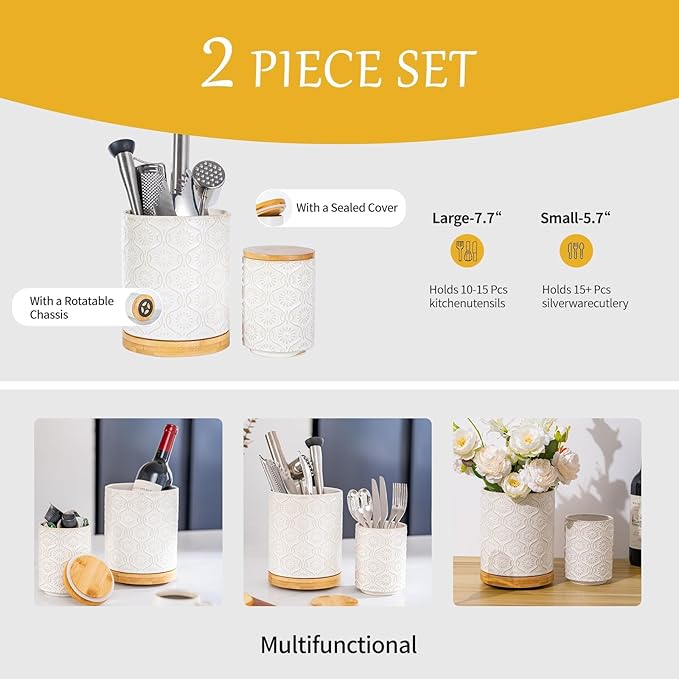 TEATALK Ceramic Utensil Holder Set, 360° Rotating Organizer for Countertop, Farmhouse Vintage Style, Large and Small Crocks in White，7.7"+5.7"