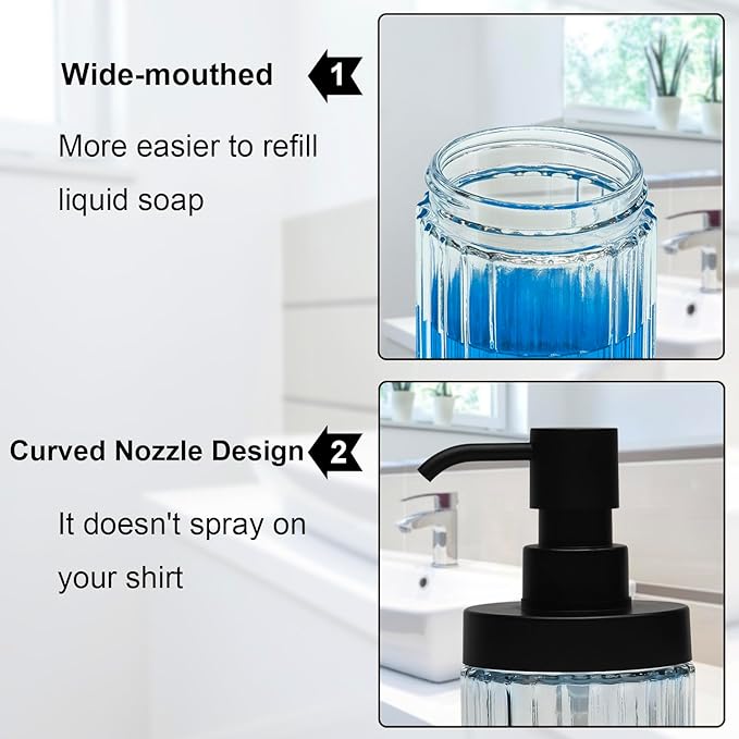 2 PCS Glass Soap Dispenser Set for Bathroom & Kitchen Sink Refillable Liquid Soap Bottle with Squeeze Pump for Hand Dish Soap, Shower Gel, Shampoo and Conditioner-425ML