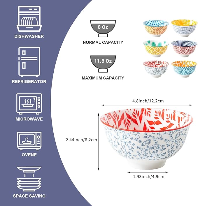 Ceramic Dessert Bowls Set - Small 12 Oz Ice Cream Bowls, 4.75 Inch Cereal Bowls for Snack, Fruit, Dipping Sauce, Side Dishes - Microwave Dishwasher Safe - Set of 6 - Assorted Colors