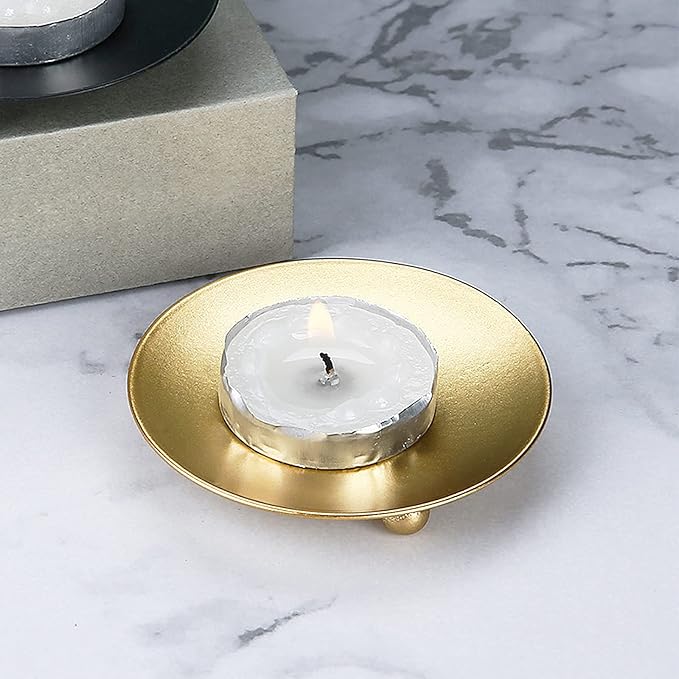 Candle Holder Decorative Iron Plate,Candle Stand for LED & Wax Candles,Spa,Bathroom,Weddings,4.33x0.78inch,Set of 2 (Gold)