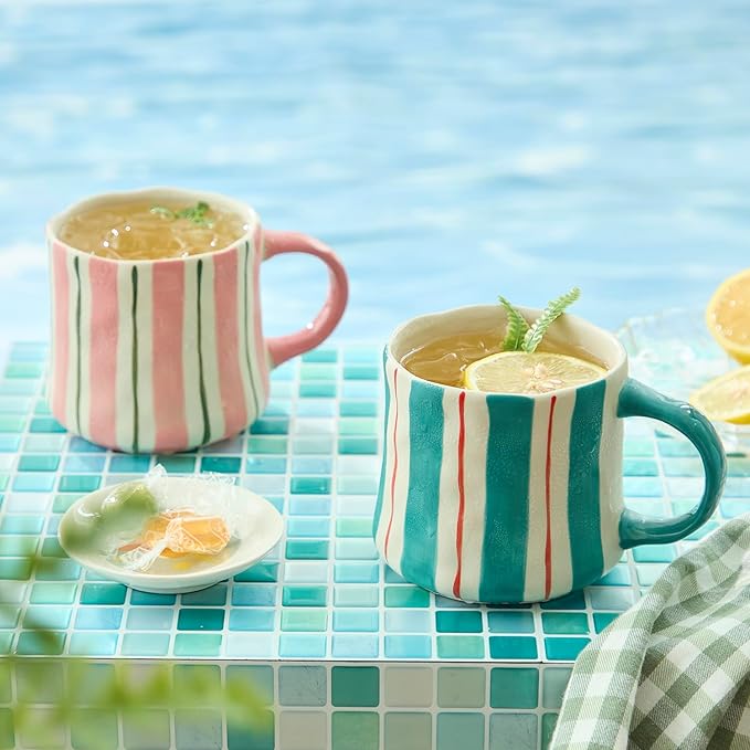 Retro Checkered Ceramic Coffee Mug 16Oz - Extra Large Handle, Microwave Safe Vintage Patterned Tea Cup for Home-4pack