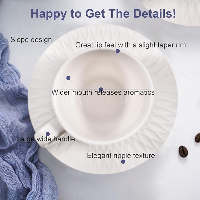 Espresso Cup and Saucer Set of 6, 6 oz Ceramic Cappuccino Barista Cup with Saucer, Stackable Coffee Mugs for Demitasse, Au Lait, Latte, Cafe Mocha, Tea, Birthday Day Thanksgiving Christmas Gift, White