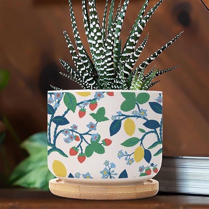 Summer Cherry Lemon Citrus Garden Small Ceramics Planter Set of 2 Leaf Fruit Strawberry Ceramics Plant Pot with Drainage Bamboo Trays Chinoiserie Style Succulents Pots