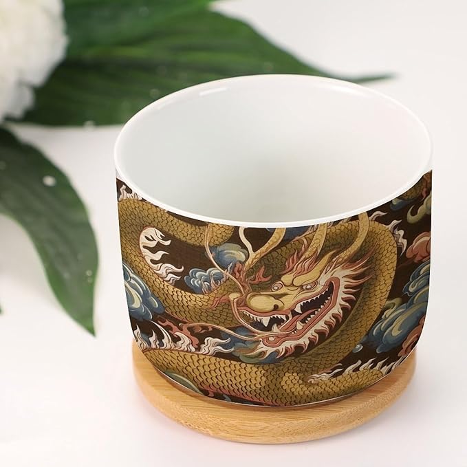 3 Piece Ceramics Plant Pot Antique Chinoiserie Dragon Small Pot for Flowers Dragon Gold Oriental Style Asian Flower Pot for Indoor Chinoiserie Plant Pot with Drainage Bamboo Trays