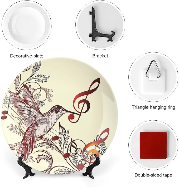 XISUNYA 6 Inch Decorative Plate, Hummingbirds Porcelain Plate, Flying Bird Musical Print Ceramic Wall Hanging Decor Accessory for Dining Table Tabletop Home Decor