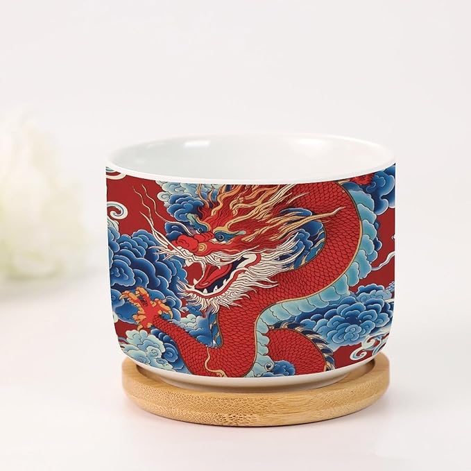 Set of 2 Chinoiserie Dragon Small Planters Ceramics Red and Auqa Dragon Ceramics Plant Pot with Drainage Bamboo Trays Japanese Asian Style Pots for Succulents Indoor
