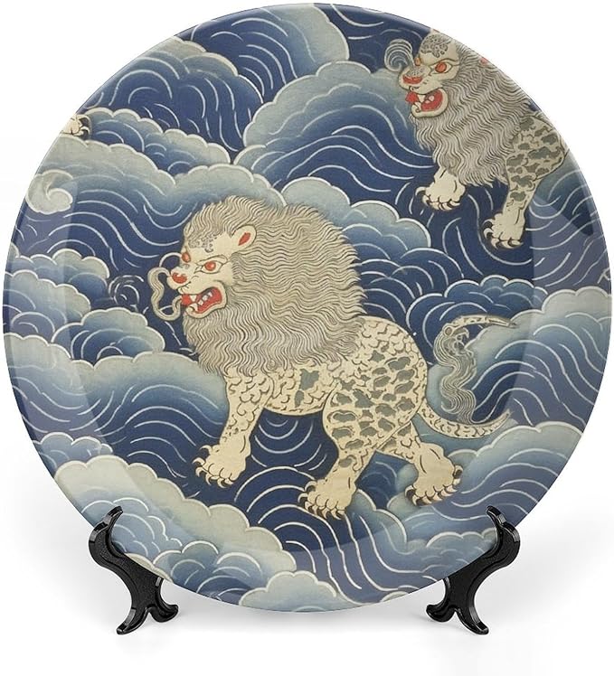 Blue Tibet Tiger China Plates of 6", 7", 9", 10", Customize Hanging Decorative Tiles, Display Club Decorations Farmhouse, with Vertical Stand