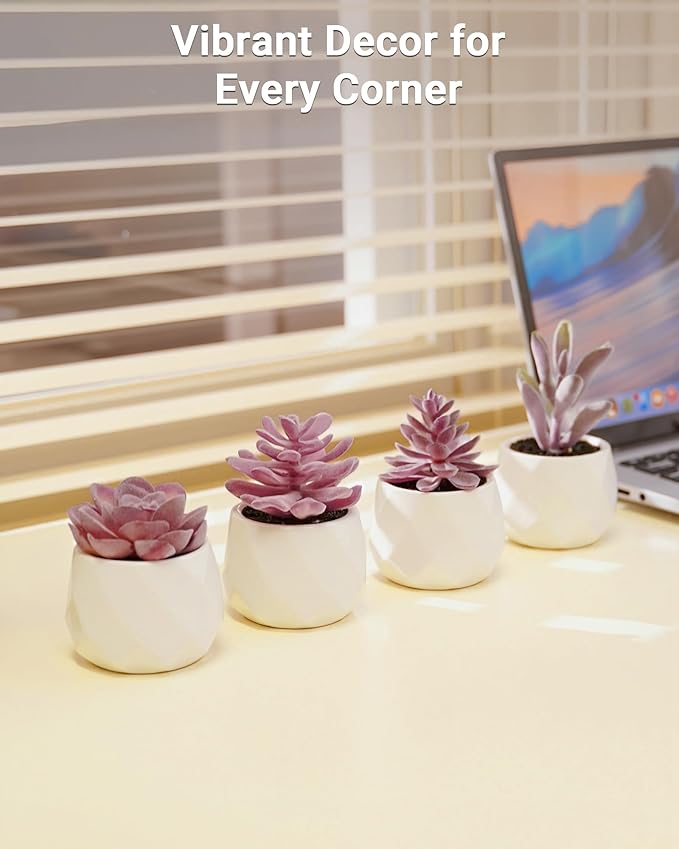 VIVERIE Mini Succulents Plants Artificial in Pots, Christmas Small Fake Plants for Home Decor Indoor for Women, White Ceramic Faux Succulents, Set of 4, Gifts for Mom-Purple