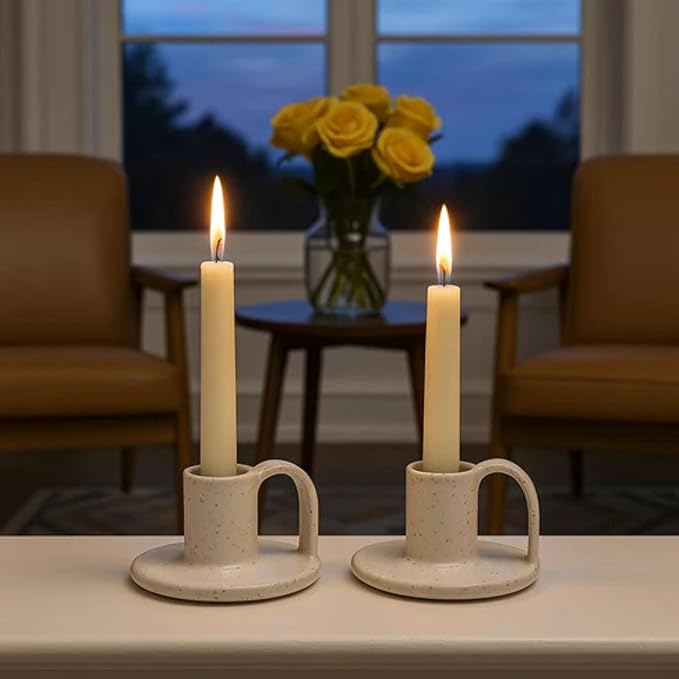 Ceramic Taper Candle Holders with Handle (Set of 2) – Tall Candlestick Holders for Table Decor Centerpieces, Rustic Home Décor, and Dinner Table Styling Glazed White