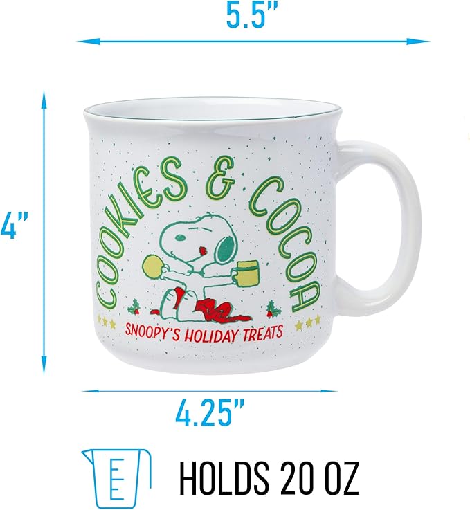 Silver Buffalo Peanuts Christmas Snoopy Cookies And Cocoa Snoopy's Holiday Treats Ceramic Camper Mug, 20 ounces