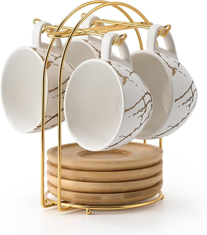 LUKA Ceramic Demitasse Espresso Cups Set with Saucers and Metal Stand, 8 oz Porcelain Stackable Cappuccino Cups Teacup For Tea, Espresso, Latte, Coffee, Cafe Mocha, Set of 4, White | Demitasse, Set, with Saucers, and Metal Stand, Stackable, Cappuccino ...