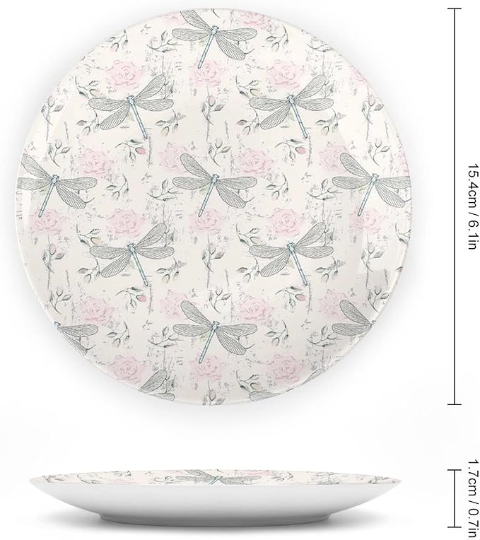 XISUNYA 10 Inch Decorative Plate, Dragonfly Ceramic Craft, Chic Roses Vintage Moth Bugs Print Ceramic Wall Hanging for Fine Dining for Upscale Events, Dinner Parties, Weddings, Catering