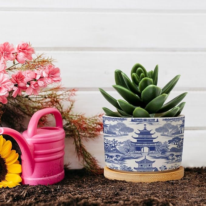 Chinoiserie Blue Asian Planters Ceramic Chinoiserie Chic Asian Round Flower Pots with Drainage Holes and Bamboo Tray Pot for Home Office Decoration